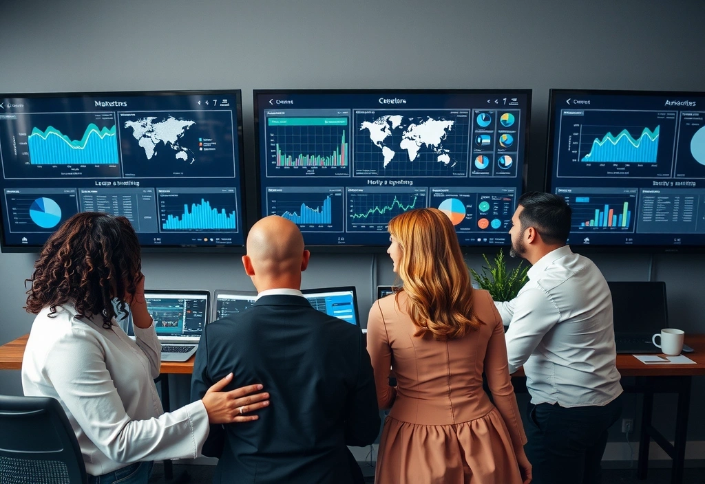 Tým promonest analyzuje data na velkých obrazovkách, symbolizující datově řízenou strategii.