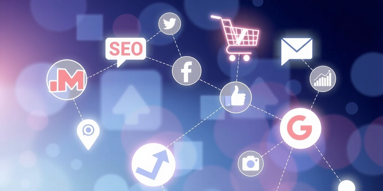 Abstraktní obrázek digitálního marketingu s grafy a ikonami