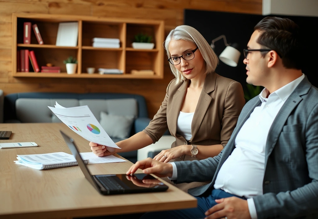 Klient a marketingový specialista diskutují reporty