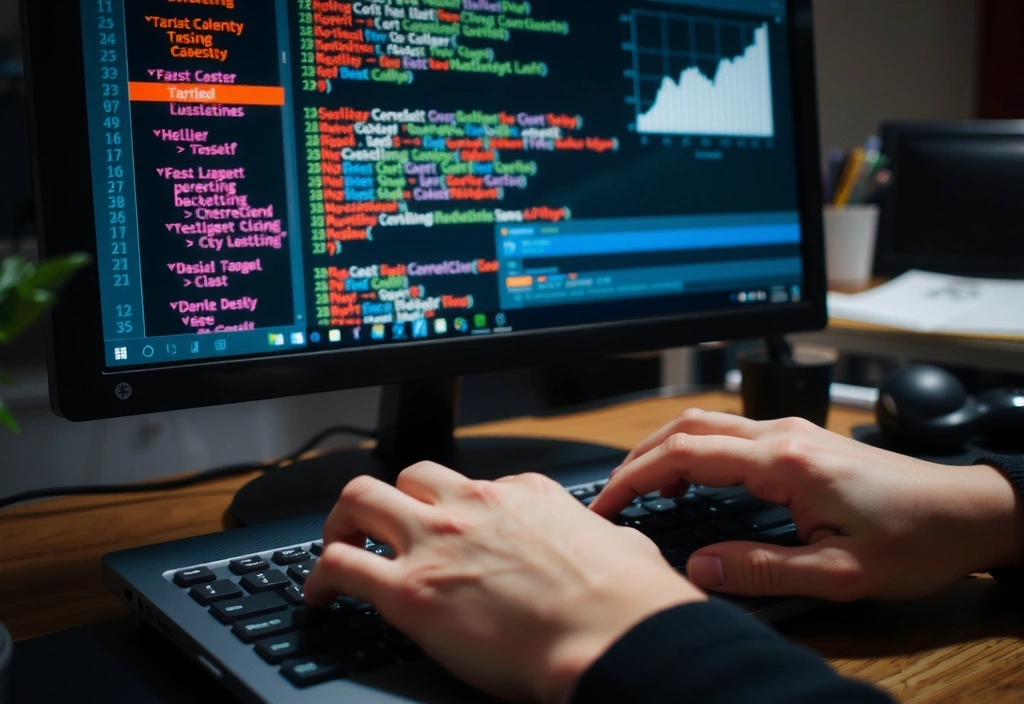 Ruce pracující na počítači s kódem a marketingovými nástroji