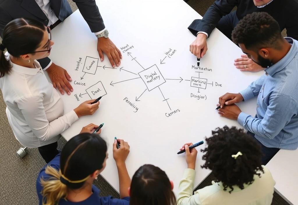 Tým plánuje strategii digitálního marketingu na tabuli