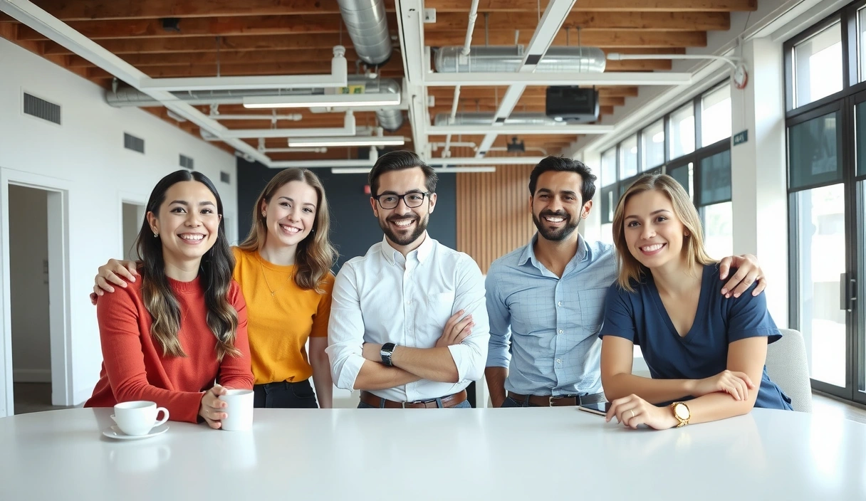 Šťastní zaměstnanci promonest v moderní kanceláři