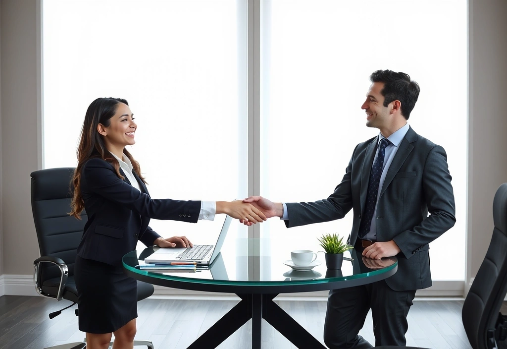 Dva obchodní partneři si potřásají rukou přes stůl