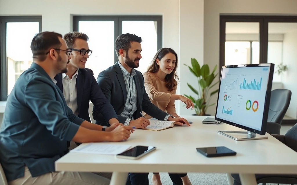 Tým promonest v kanceláři, diskutující o digitální strategii