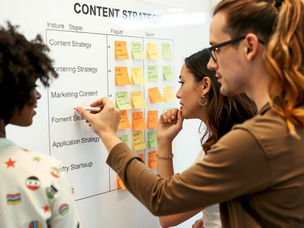 Tým plánuje strategii obsahového marketingu na tabuli