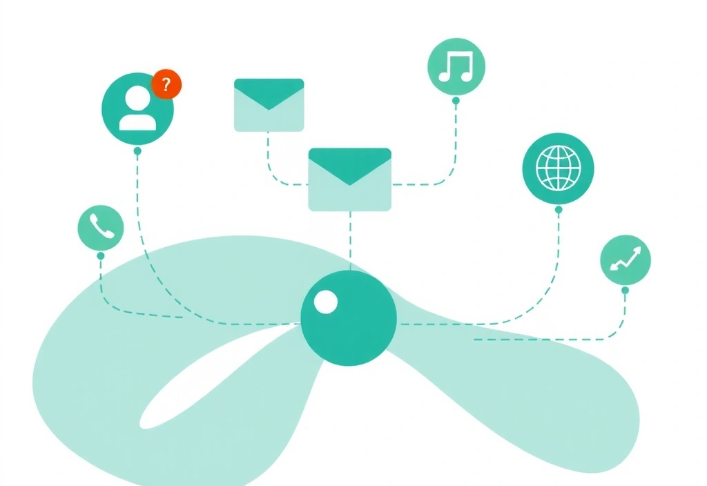 Ilustrace sběru dat, s ikonami formulářů, e-mailů a analytiky