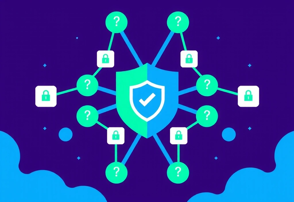 Ilustrace datové sítě s uzly a šipkami naznačujícími bezpečné sdílení dat