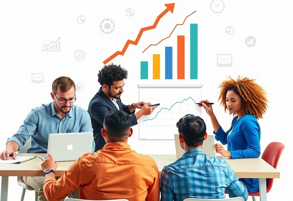 Lidé spolupracující na SEO strategii s ikonami růstu a zisku