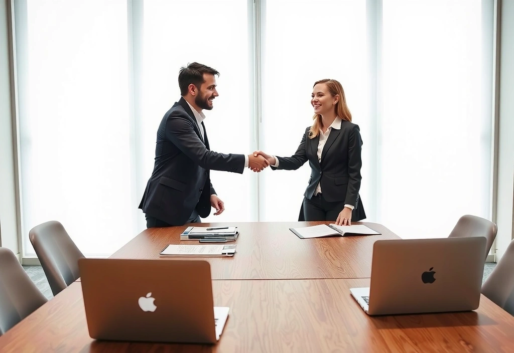 Dva lidé si podávají ruce nad stolem s dokumenty a notebookem, symbolizující počáteční konzultaci