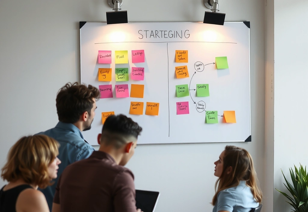 Tým diskutuje marketingovou strategii u flipchartu s grafy a nápady