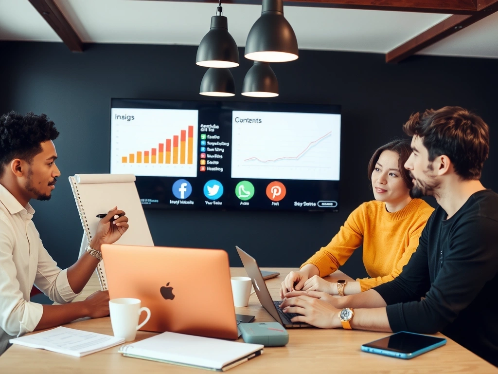 Tým promonest pracuje na strategii sociálních médií, obklopený grafy a ikonami sociálních sítí