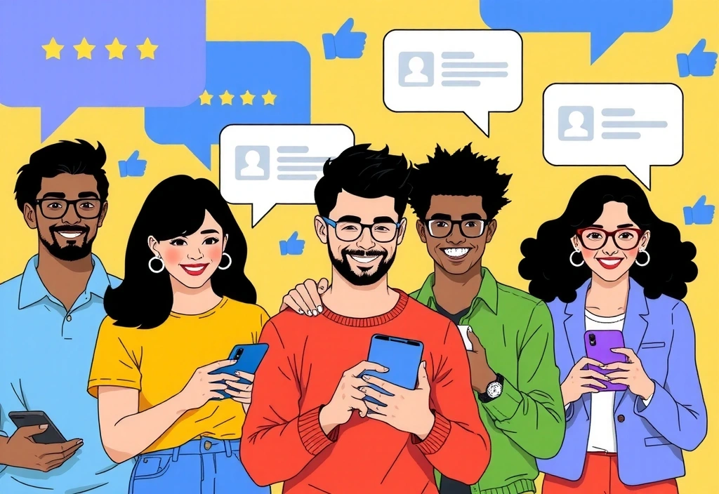 Zákazníci interagují s obsahem značky na svých mobilních zařízeních, obklopeni bublinami s ikonami lajků, komentářů a sdílení