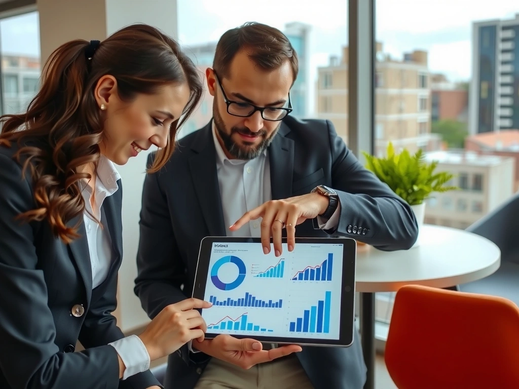 Dva lidé diskutují nad grafy a daty, symbolizující marketingovou strategii a analýzu.