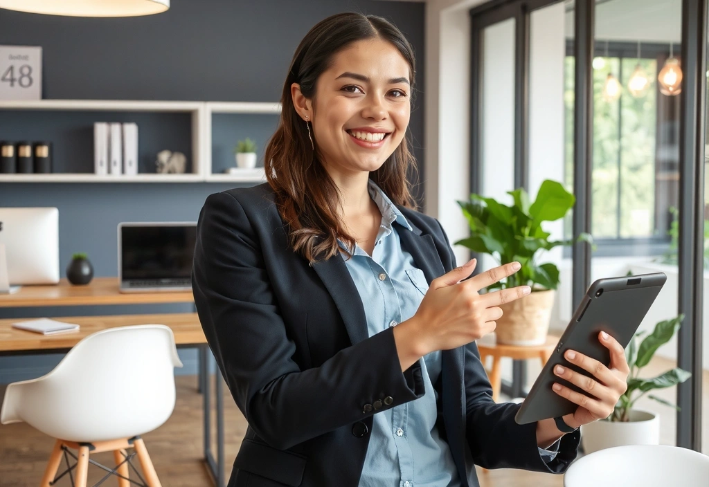 Žena s úsměvem drží tablet a ukazuje na obrazovku, symbolizující zákaznickou podporu a komunikaci.
